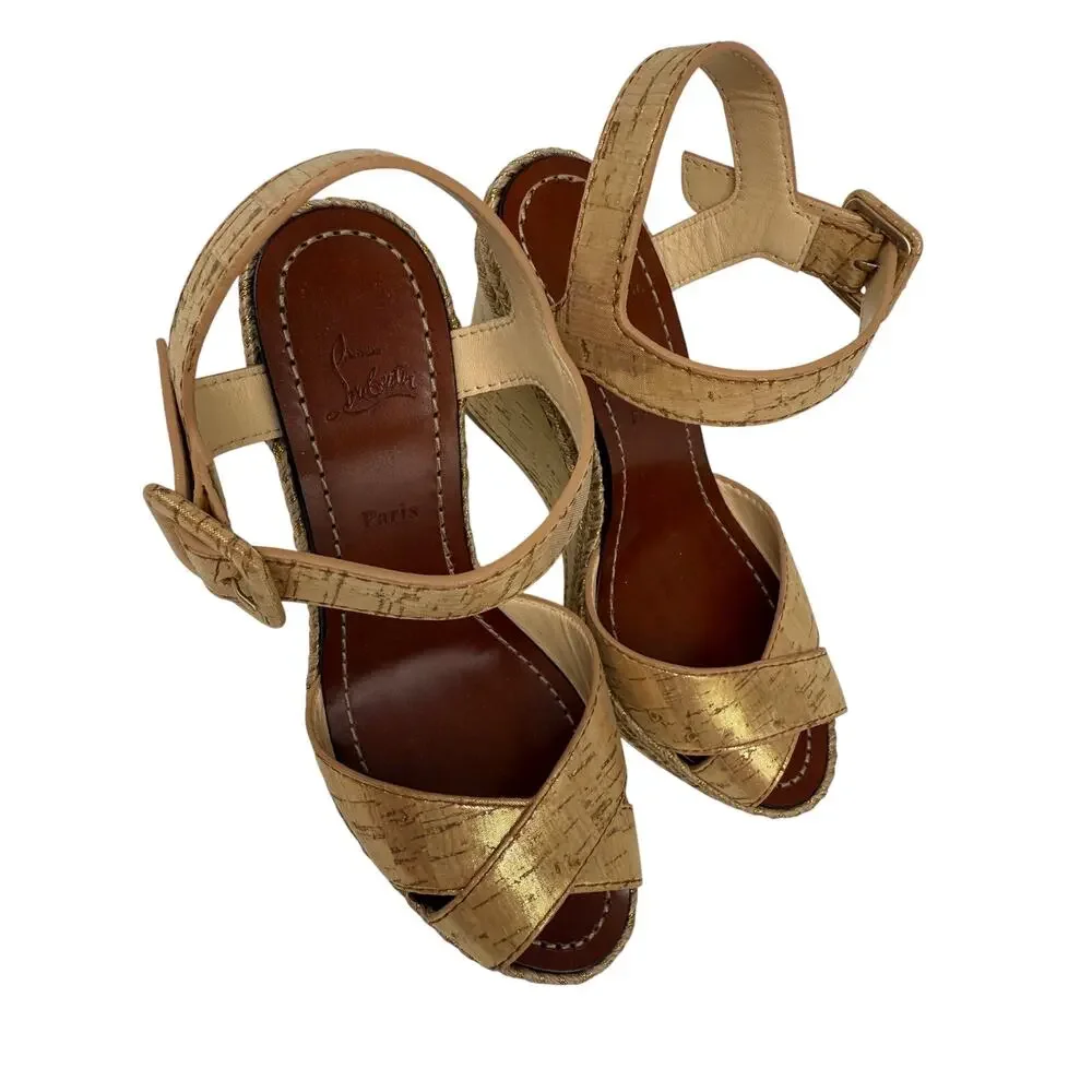 Christian Louboutin Almeria 120 Liege Gold Cork Wedge Sandals Women's Size 36